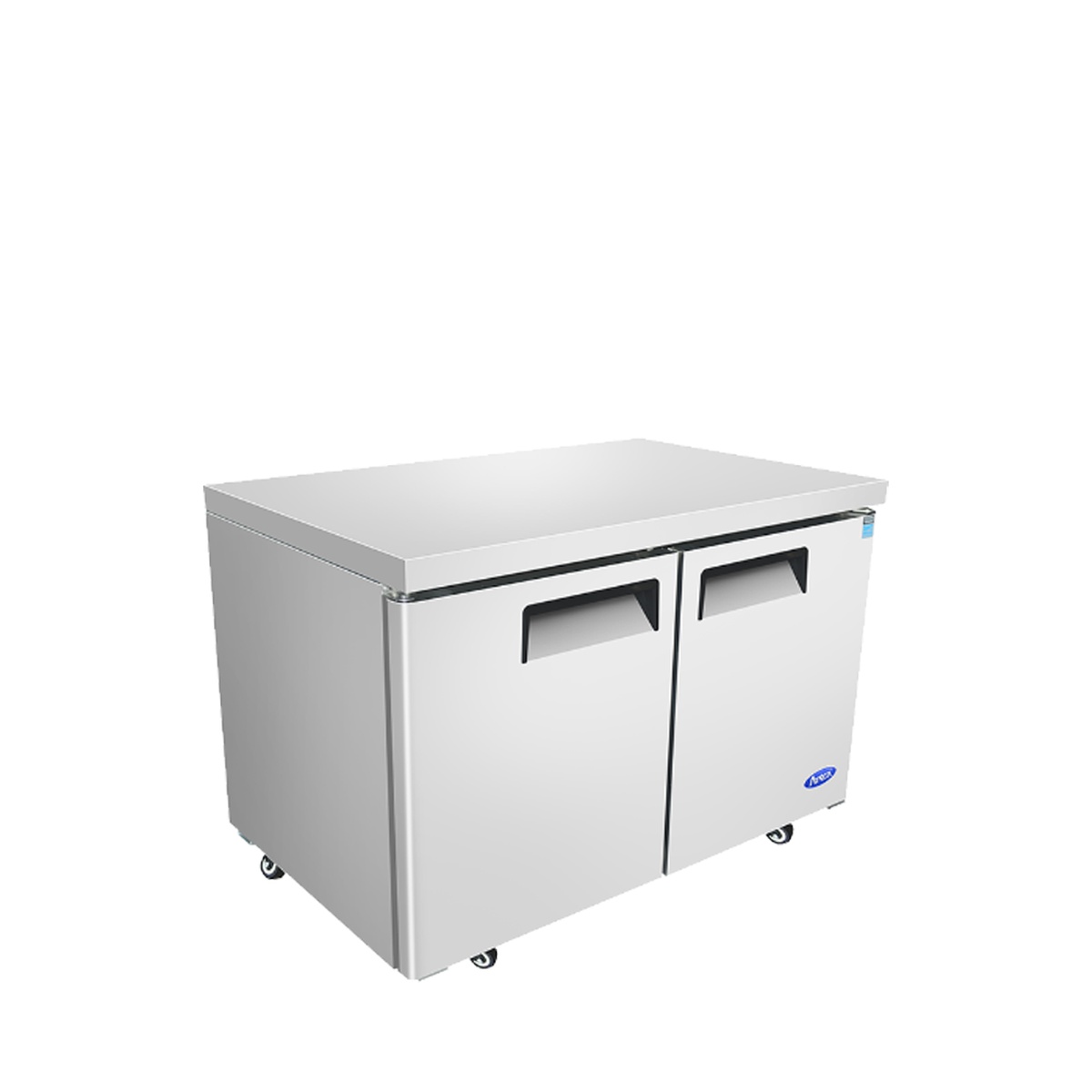 Atosa MGF8406GR undercounter freezer, three-quarter angle view showing right side and front panels with locking casters