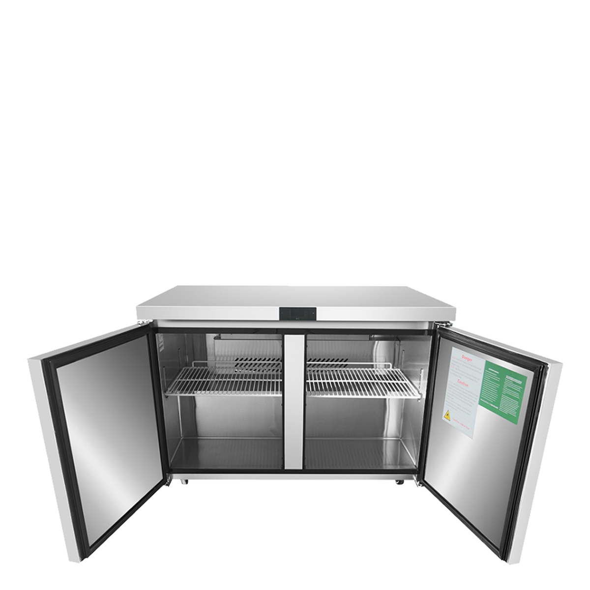 Atosa MGF8406GR undercounter freezer with both doors open, showing stainless steel interior and two adjustable wire shelves