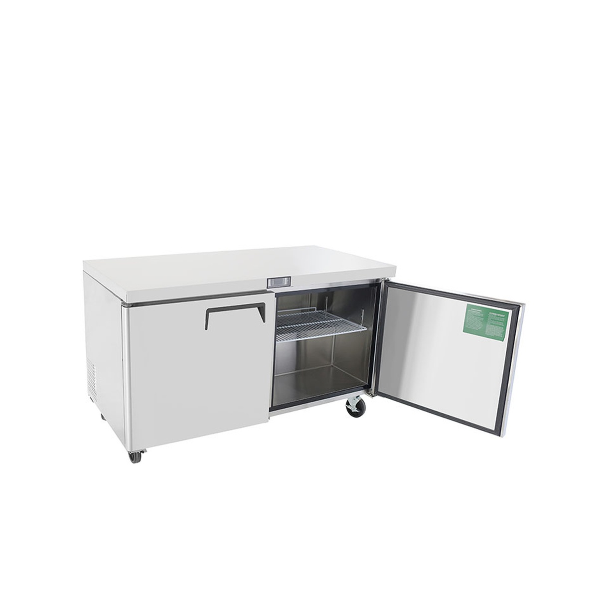 Angled view of Atosa undercounter freezer with one door open