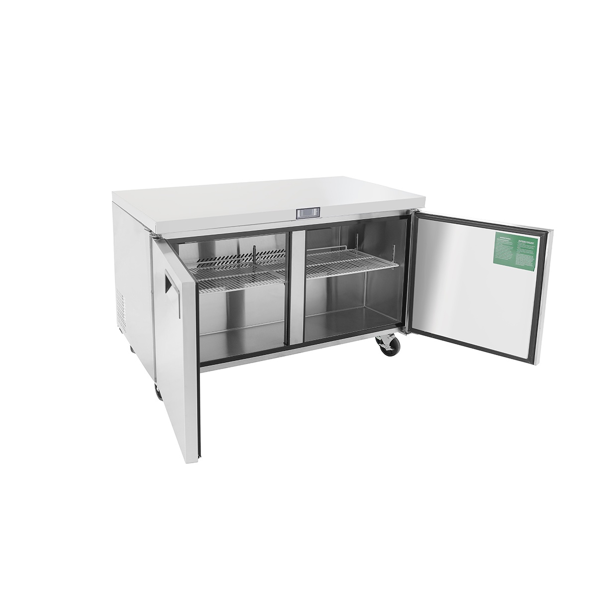Angled interior view of Atosa undercounter freezer with two doors open and wire shelves
