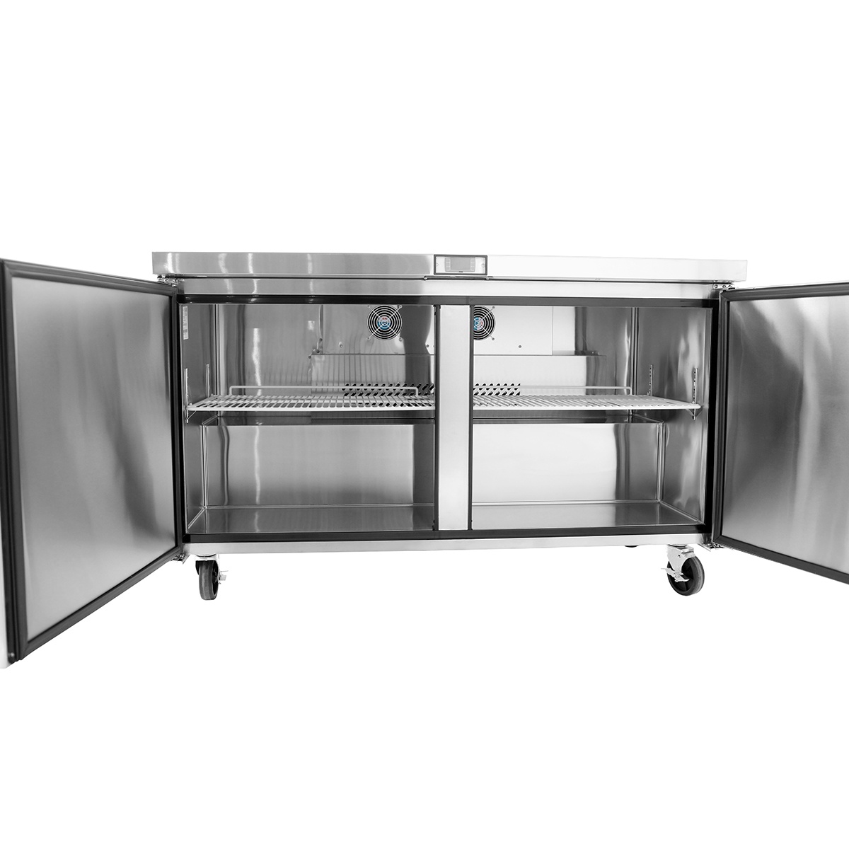Interior view of Atosa undercounter freezer showing two compartments with wire shelving