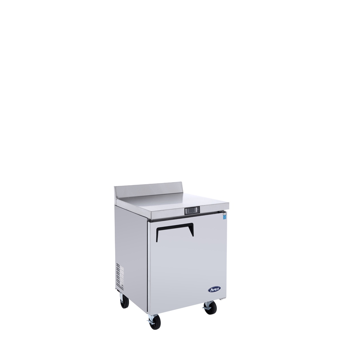 Angled view of Atosa MGF8408GR stainless worktop refrigerator showing side ventilation and casters