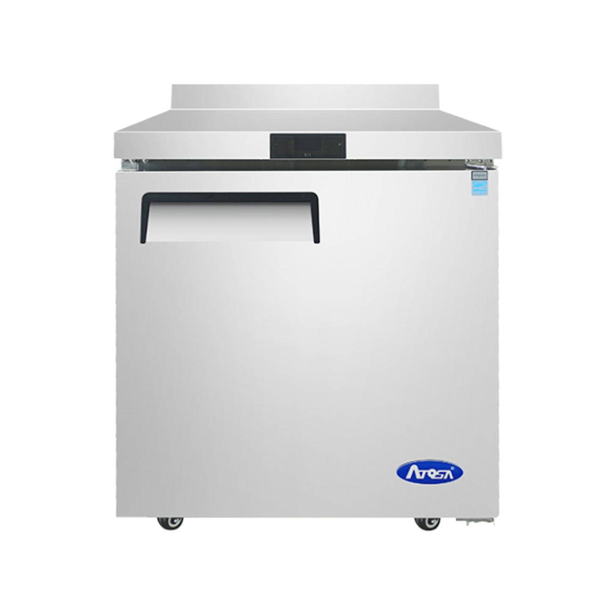 Front view of Atosa MGF8408GR worktop refrigerator with single solid door and backsplash