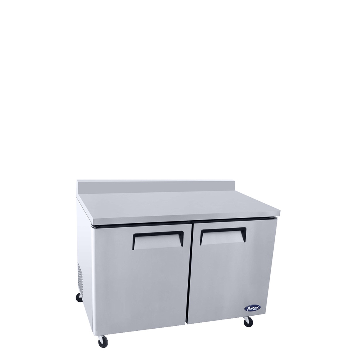 Atosa MGF8409GR 2-door worktop refrigerator with backsplash, angled view showing stainless steel top and casters