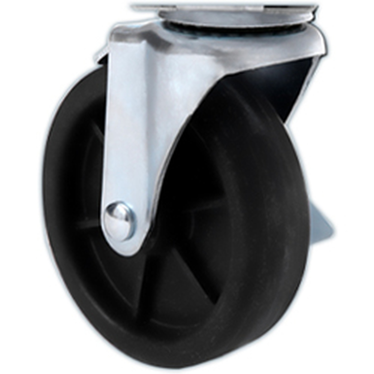 Close-up of a pre-installed heavy-duty swivel caster included with the Atosa MGF8409GR worktop refrigerator