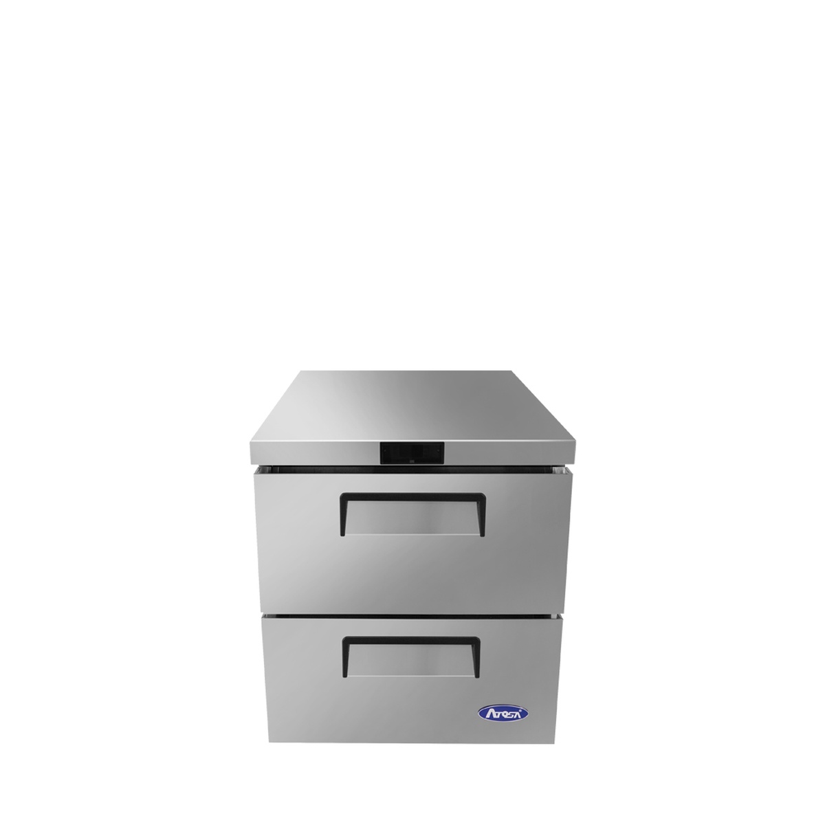 Atosa MGF8415GR undercounter refrigerator, front view highlighting the reinforced stainless steel top and recessed drawer handles