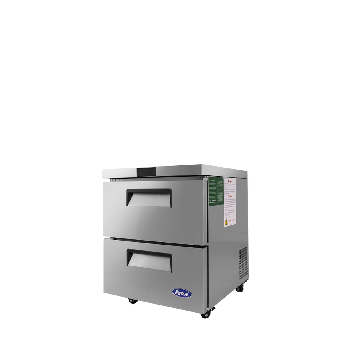 Atosa MGF8415GR undercounter refrigerator, three-quarter angled view revealing side vents and rear-mounted refrigeration system