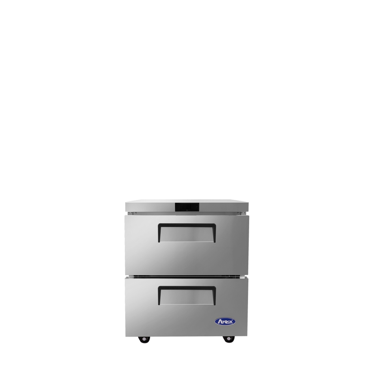Atosa MGF8415GR 27-inch two-drawer undercounter refrigerator, front view showing dual recessed-handle drawers and Atosa branding