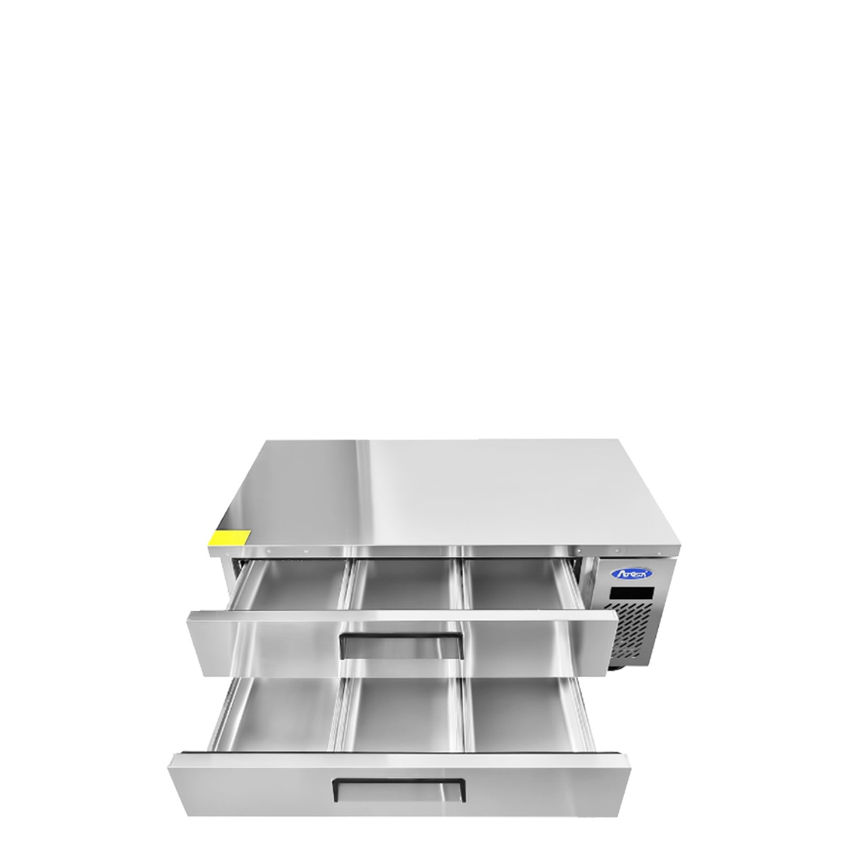 Atosa MGF8448GR chef base with both drawers fully extended revealing polished stainless steel interior compartments
