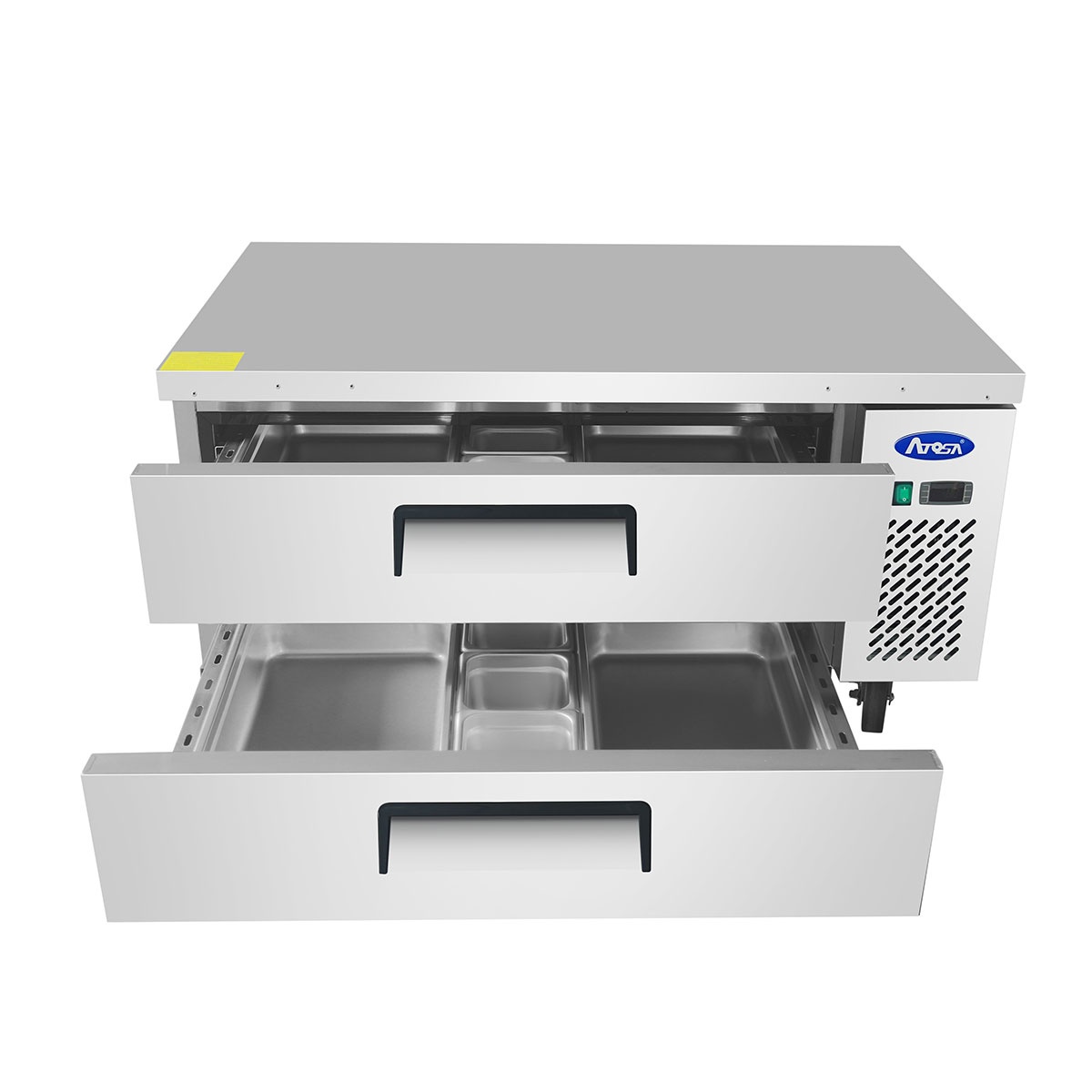 Atosa MGF8448GR with both drawers open showing included stainless steel food pans inside