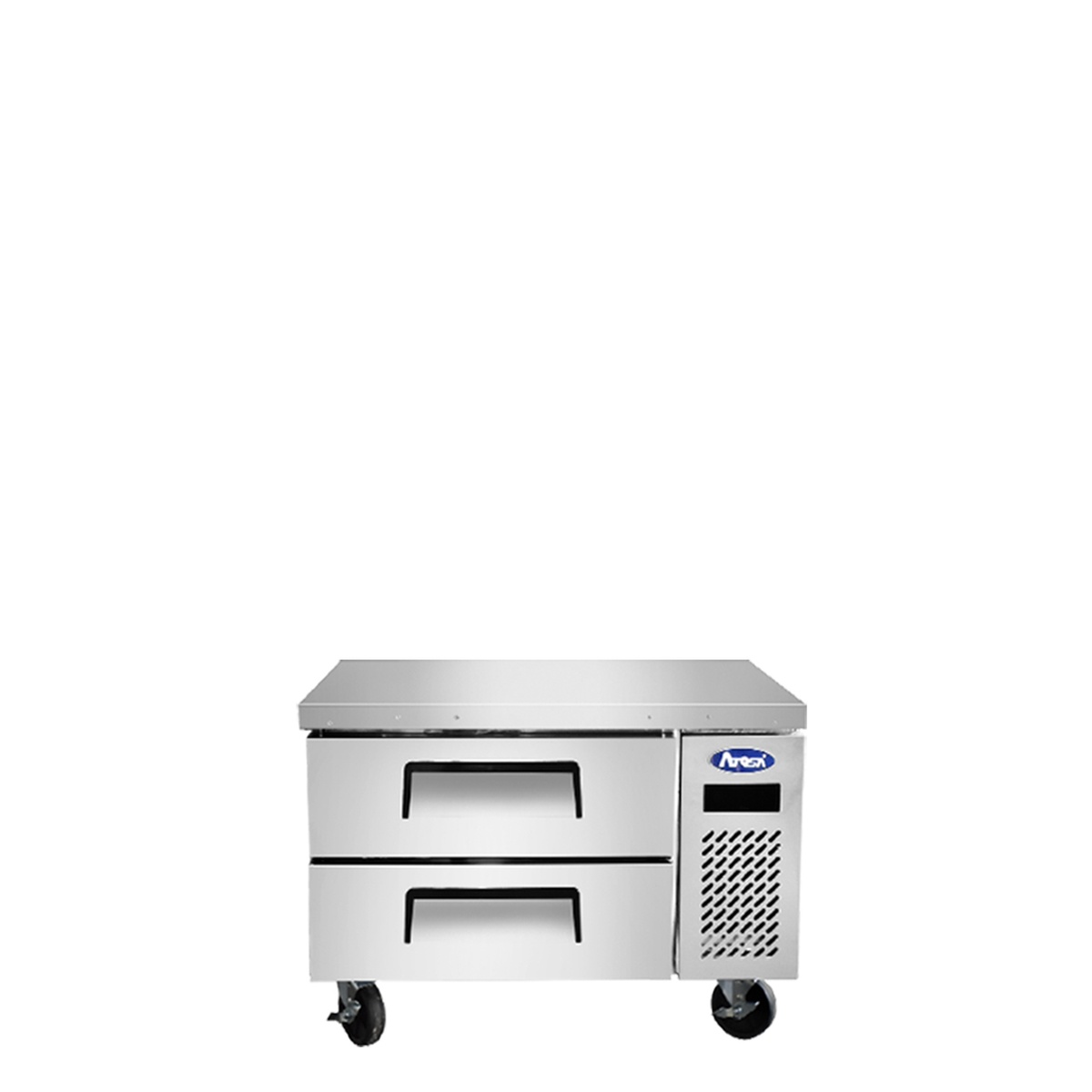 Atosa MGF8448GR refrigerated chef base front view showing two drawers and casters on white background