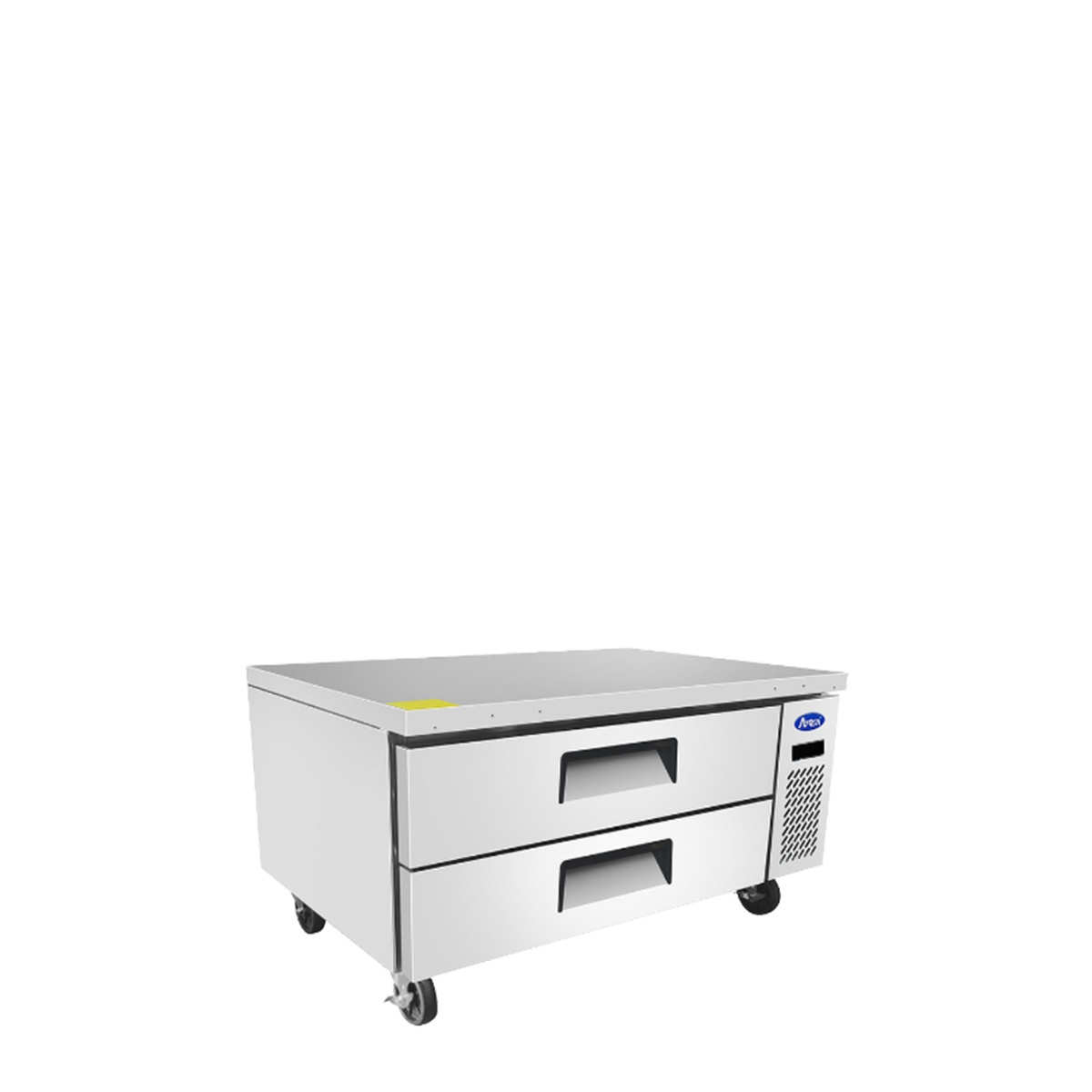 Atosa MGF8448GR refrigerated chef base angled three-quarter view showing top and side panels