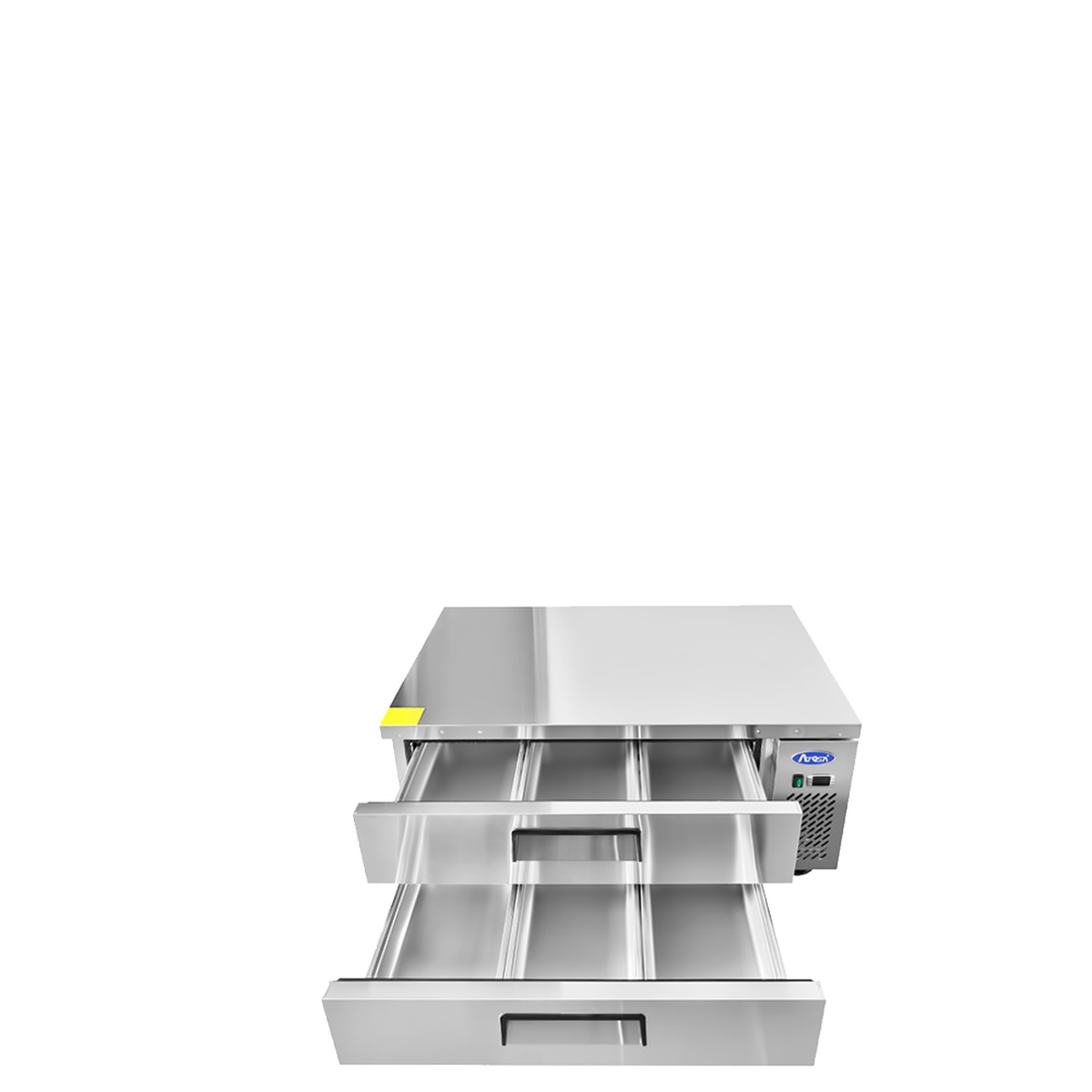 Atosa MGF8450GR chef base with both drawers fully open revealing stainless steel interior and pan dividers