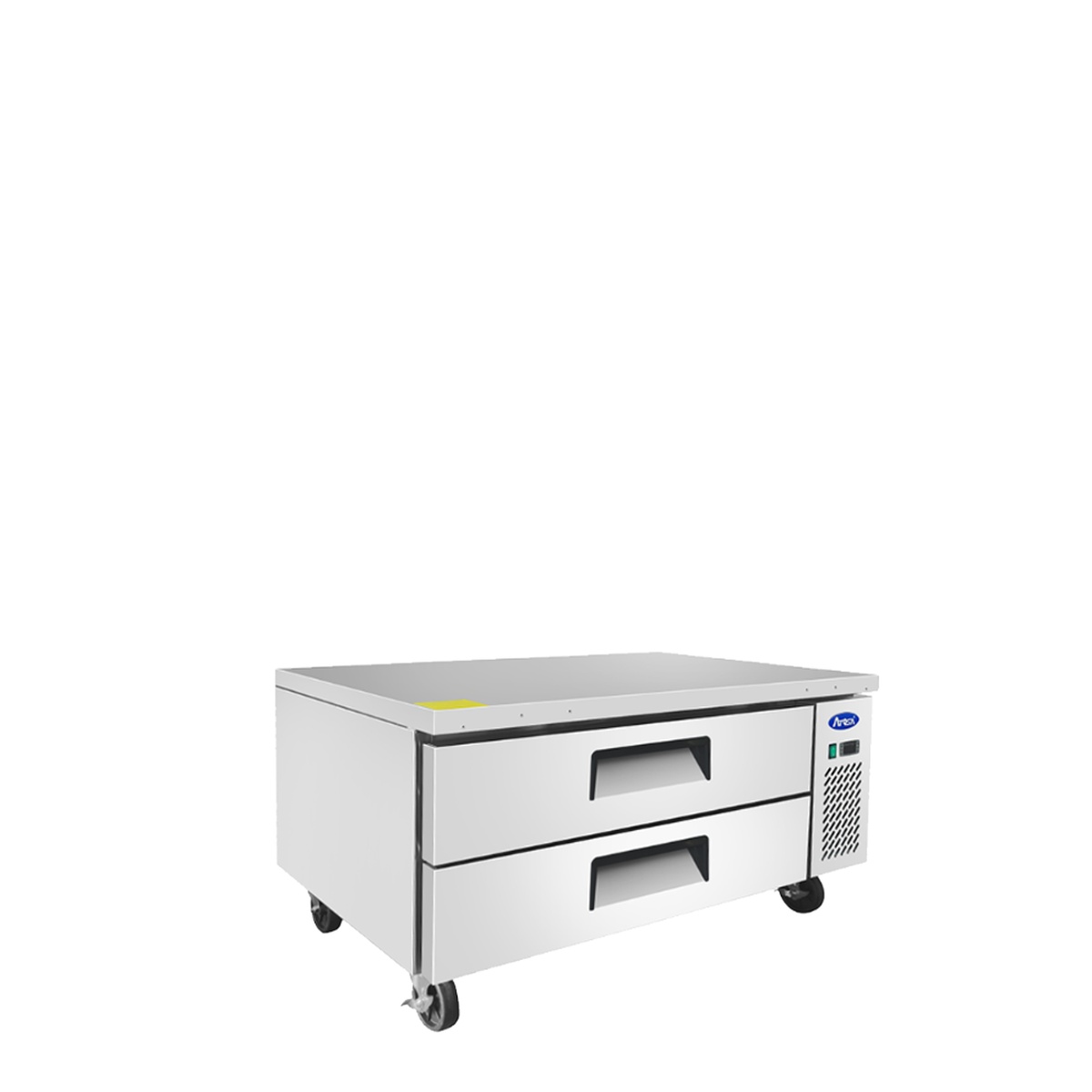 Atosa MGF8450GR chef base angled view showing opposite side with recessed drawer handles and casters
