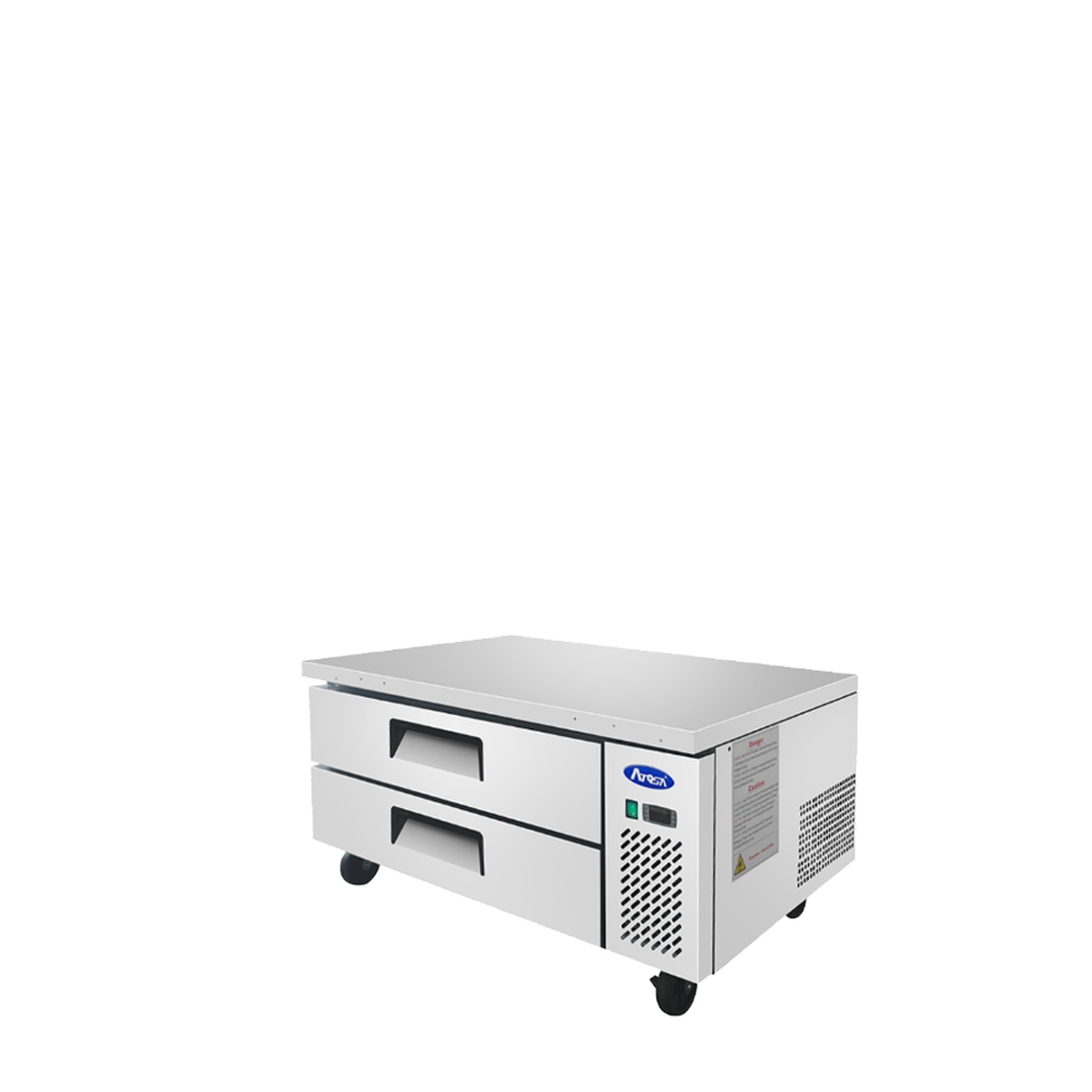 Atosa MGF8450GR chef base angled three-quarter view showing side-mounted compressor and casters
