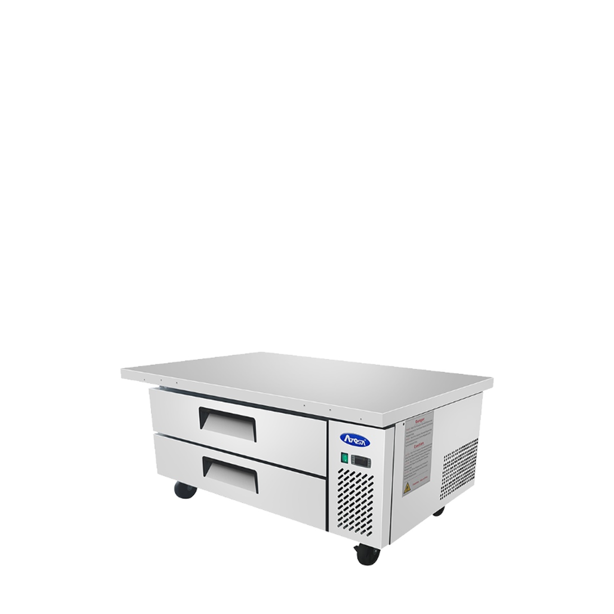 Atosa MGF8451GR refrigerated chef base side angle view showing electronic controller panel and ventilation grille