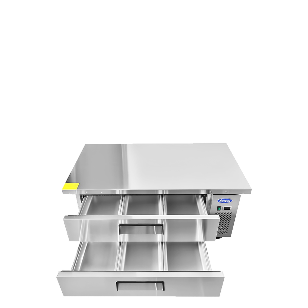 Atosa MGF8451GR refrigerated chef base with both drawers fully extended showing stainless steel interior