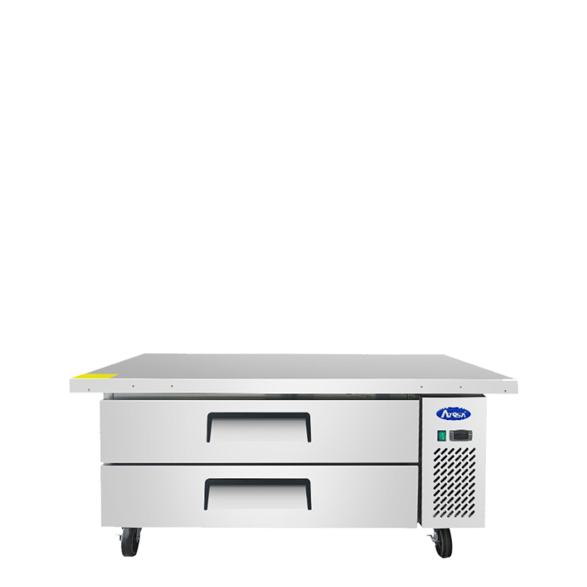Atosa MGF8451GR 52-inch refrigerated chef base front view with two closed drawers and stainless steel top