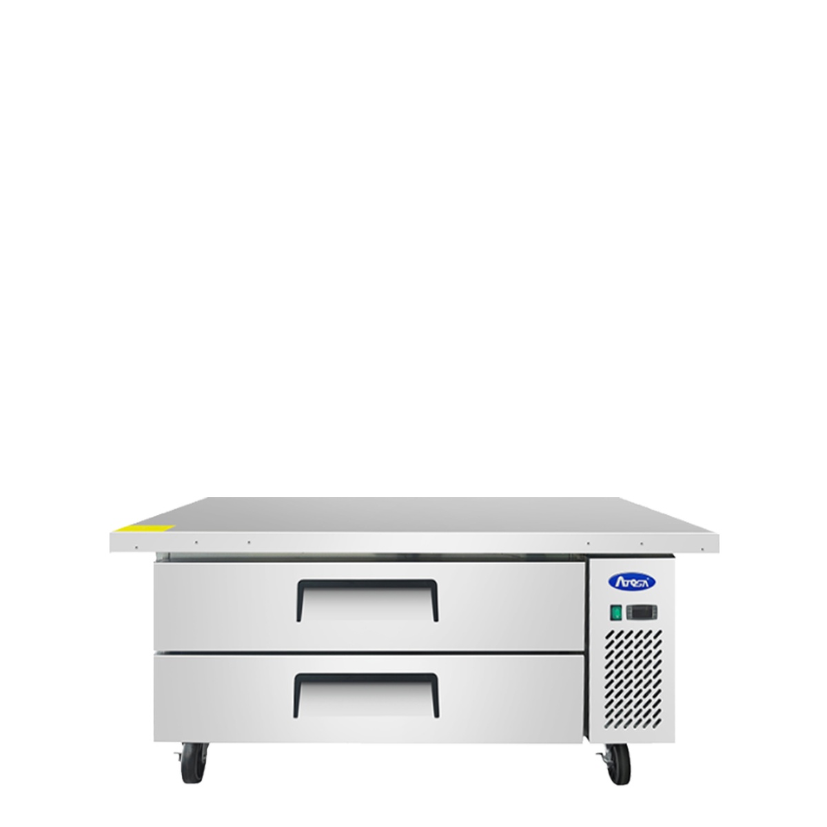 Front view of Atosa MGF8452GR 60 inch refrigerated chef base with two drawers and extended top