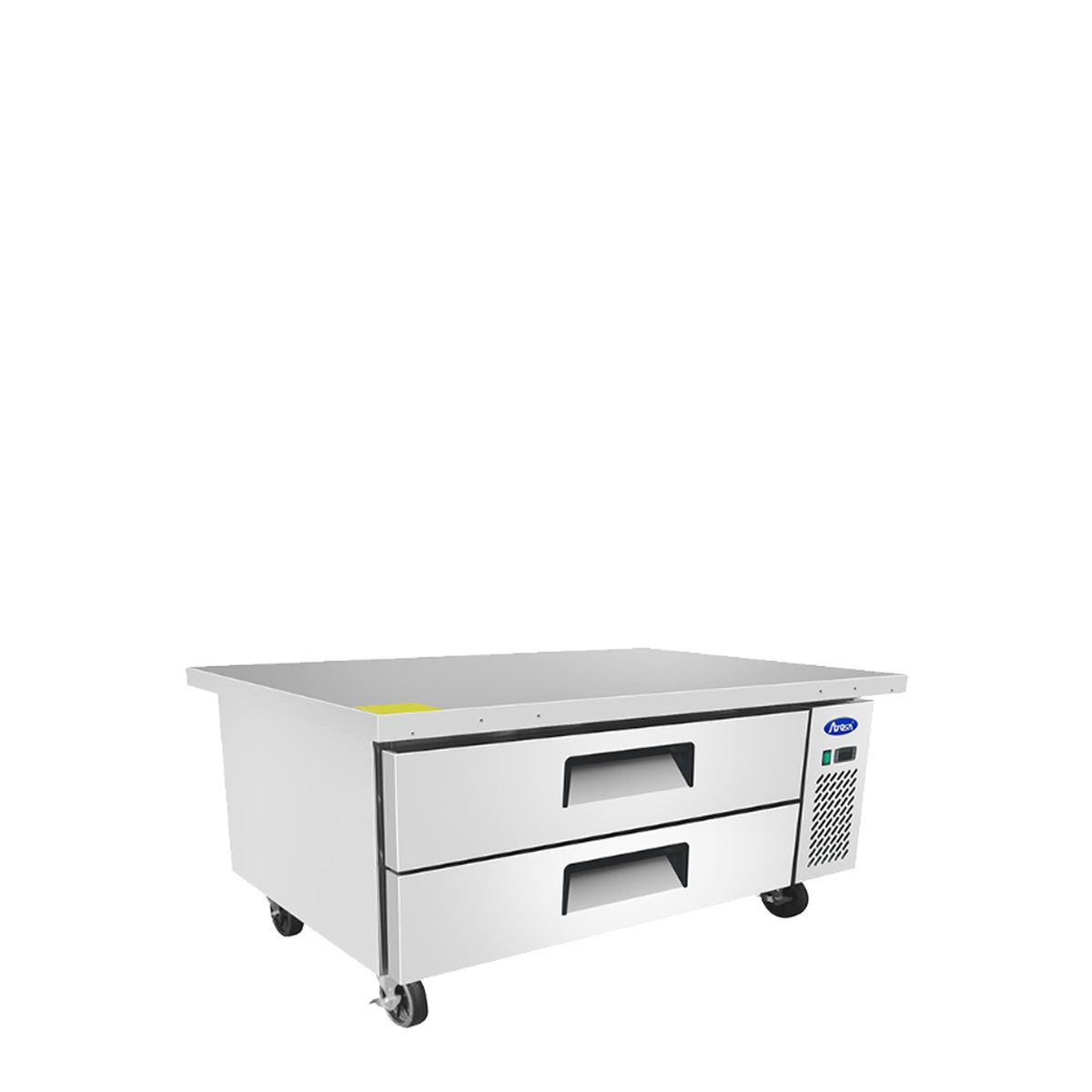 Angled front-left view of Atosa MGF8452GR two-drawer refrigerated chef base on casters