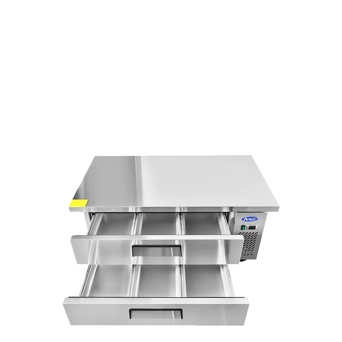 Atosa MGF8452GR chef base with both drawers open showing stainless interior compartments