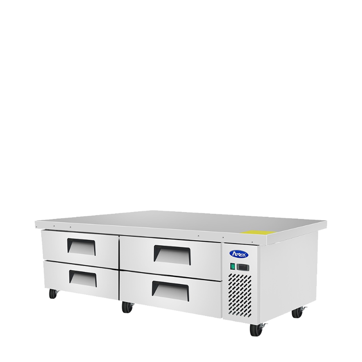 Low angle view of Atosa MGF8453GR chef base highlighting casters and side-mounted refrigeration section