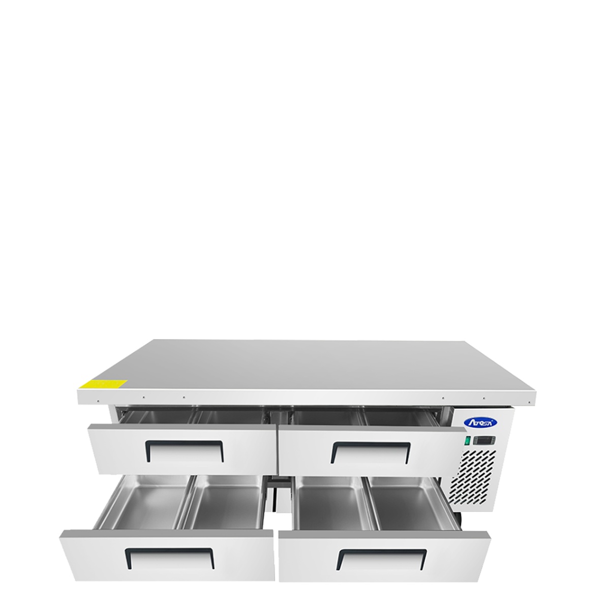 Atosa MGF8453GR chef base with drawers open showing stainless pan wells