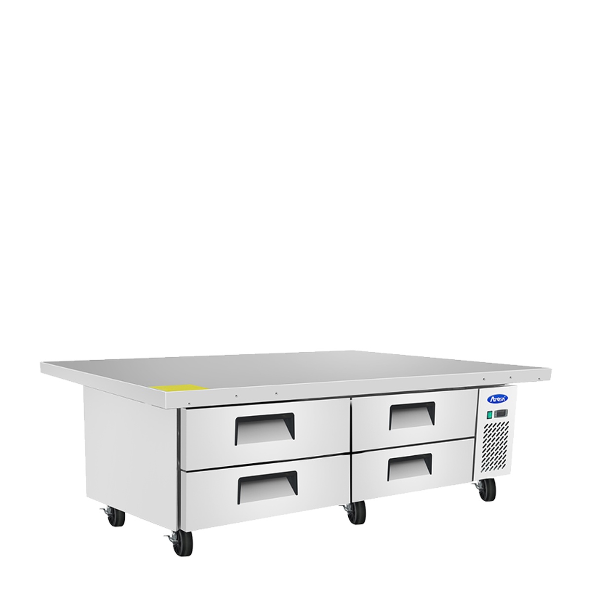 Angled view of Atosa MGF8454GR chef base showing extended stainless steel top and side-mounted refrigeration