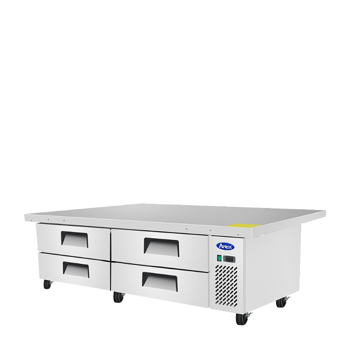 Angled front view of Atosa MGF8454GR refrigerated chef base on casters