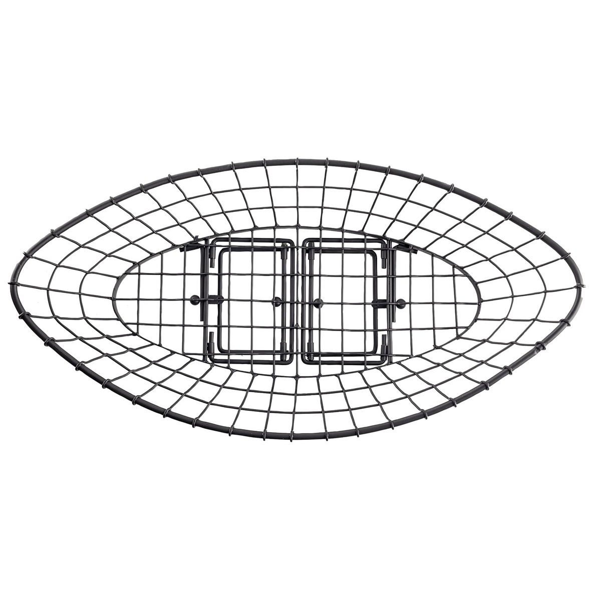 Top-down view of TableCraft GMT2412 black oblong wire basket showing adjustable leg mechanism on white background