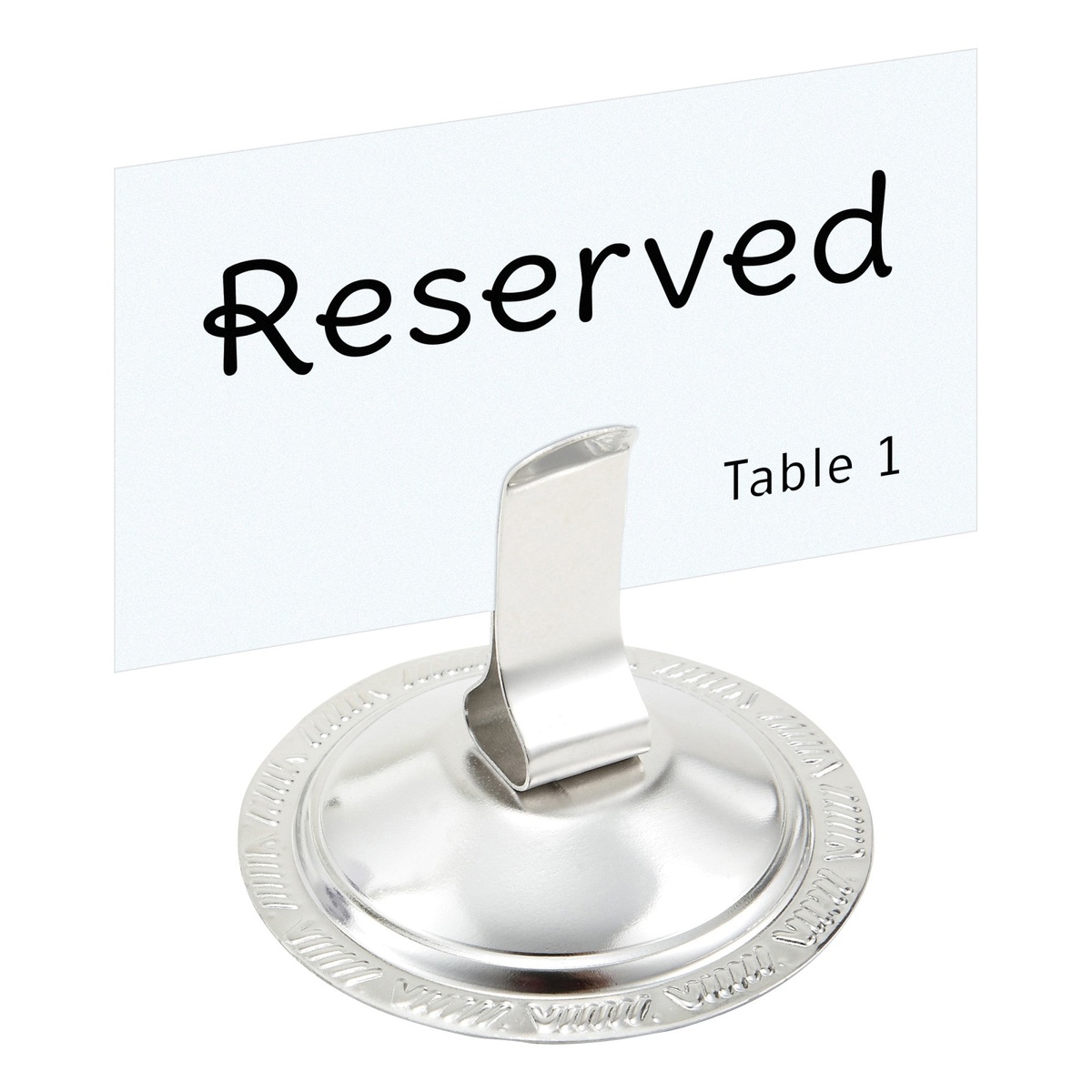 Winco MH-2C stainless steel clip holder displaying a Reserved Table 1 card