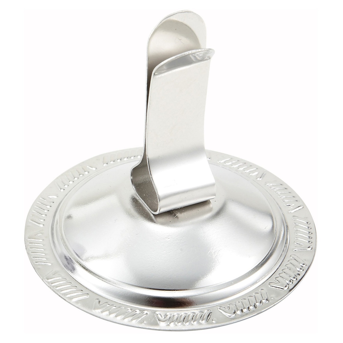 Winco MH-2C stainless steel menu holder clip with round weighted base and decorative embossed edge