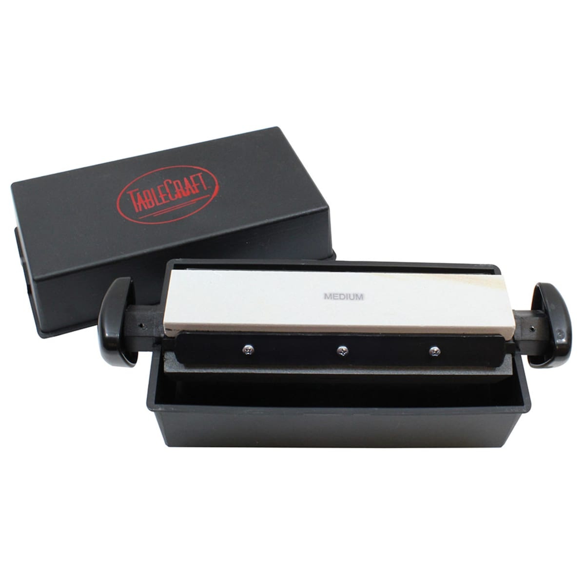 TableCraft MH-308 three-way knife sharpening system showing medium stone mounted in black base with side knobs and TableCraft branded storage box