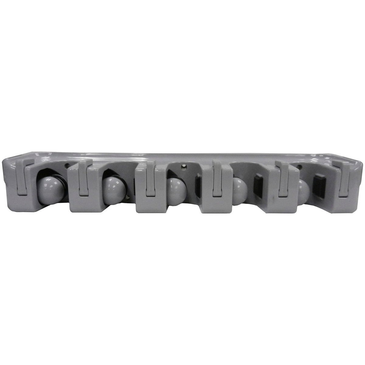 Winco MHH-5 gray ABS plastic mop and broom rack showing five spring-loaded clips and fold-away hooks