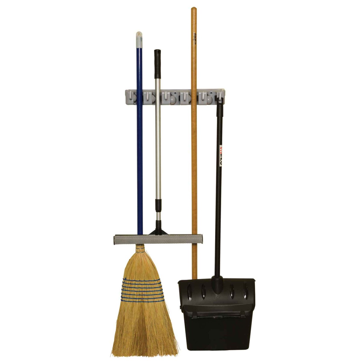 Winco MHH-5 mop and broom rack mounted on wall holding a broom, floor squeegee, and dustpan with handle
