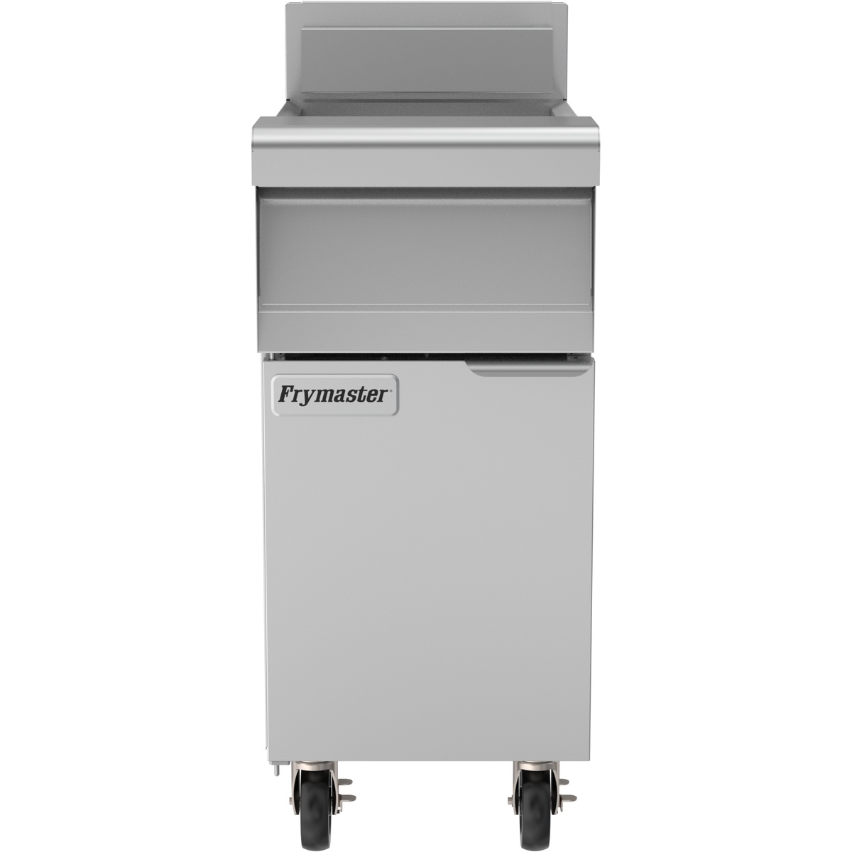 Frymaster MJ140 natural gas floor fryer, front view with doors closed, stainless steel cabinet on casters
