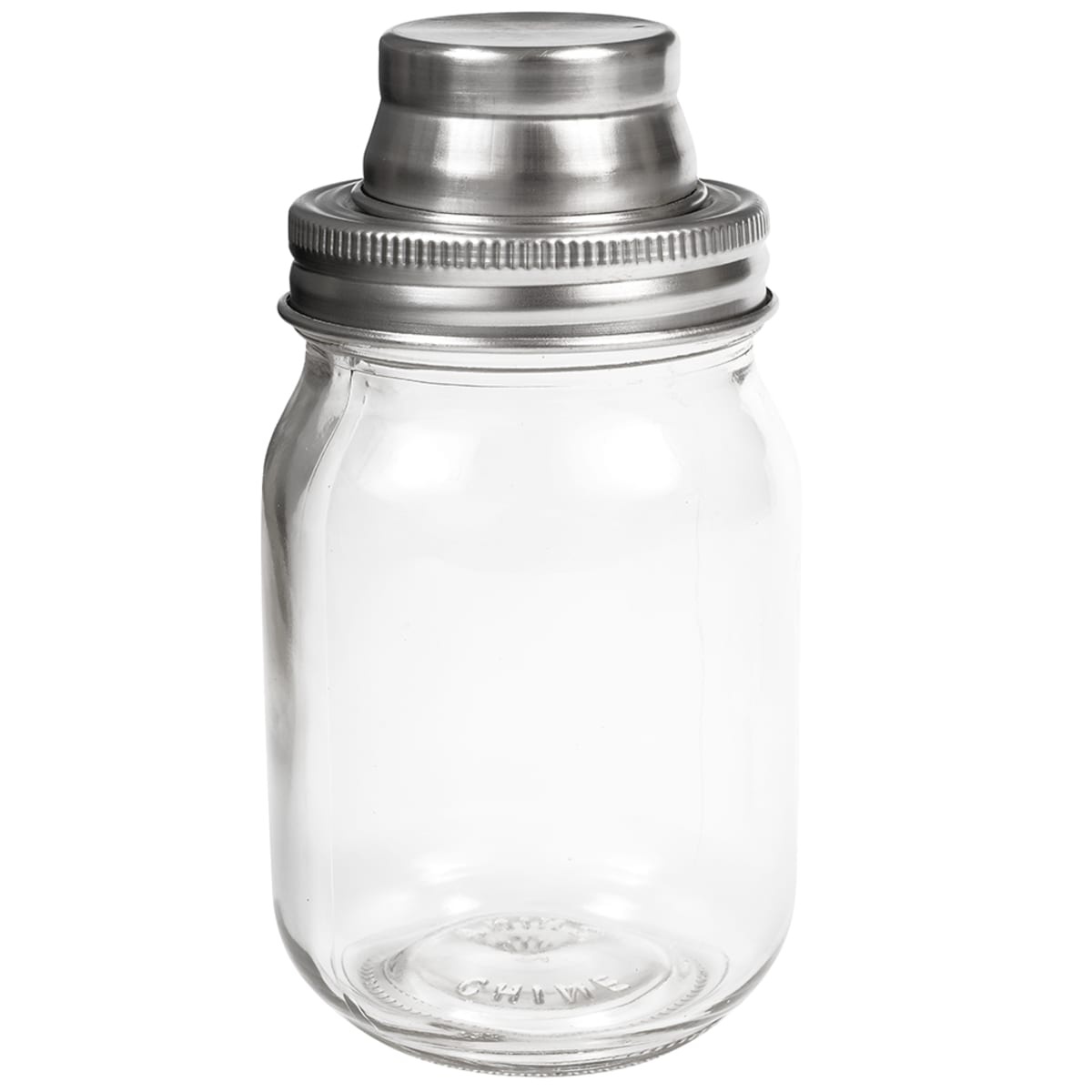 Tablecraft MJS14 14 oz mason jar cocktail shaker assembled with stainless steel top on white background