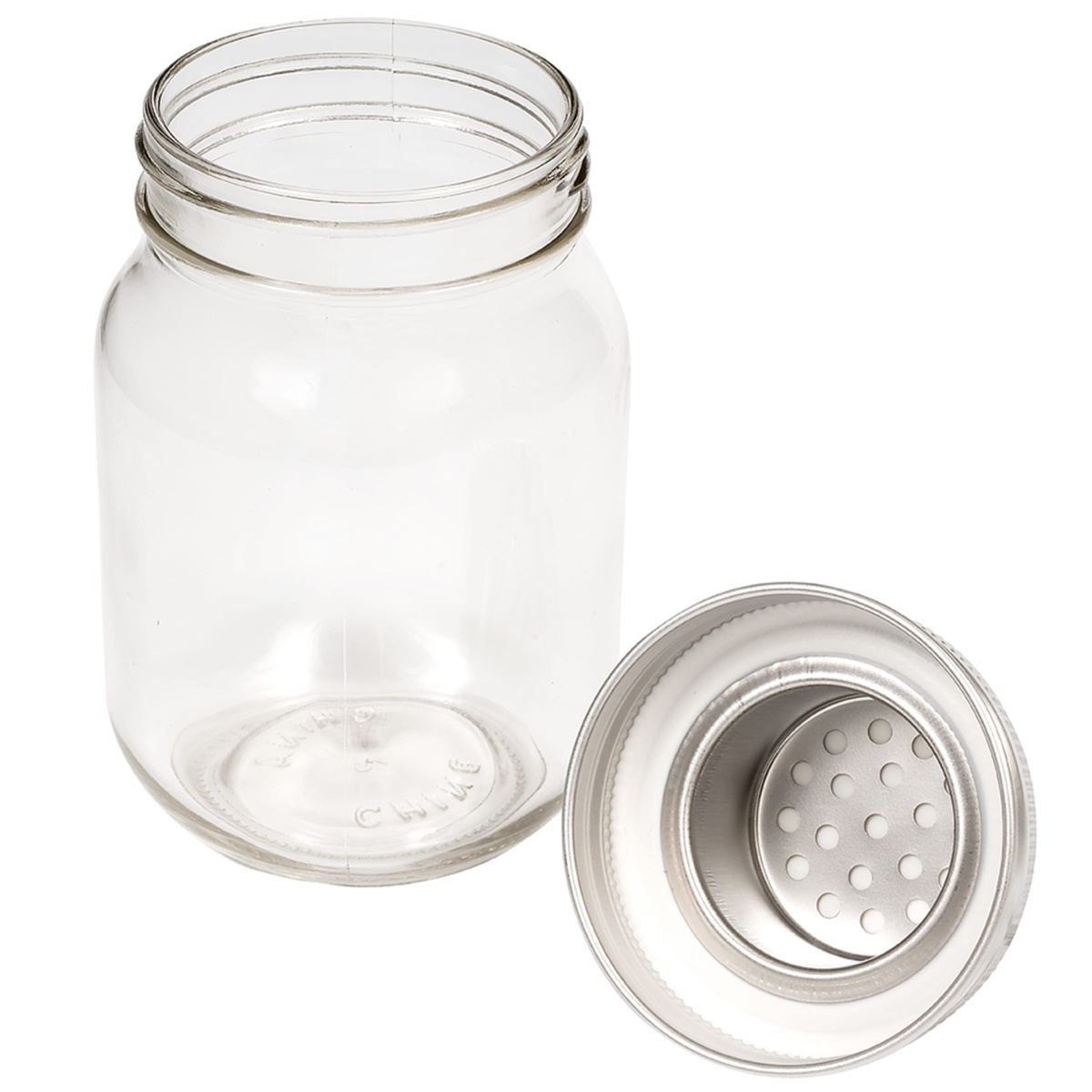 Tablecraft MJS14 mason jar cocktail shaker disassembled showing glass jar and stainless steel strainer lid separately