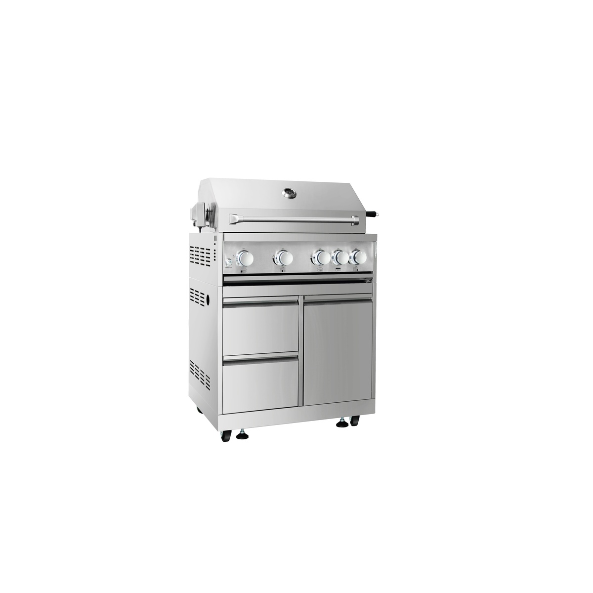 Thor Kitchen MK03SS304 cabinet with installed grill shown from an angle, highlighting caster wheels and ventilation panels