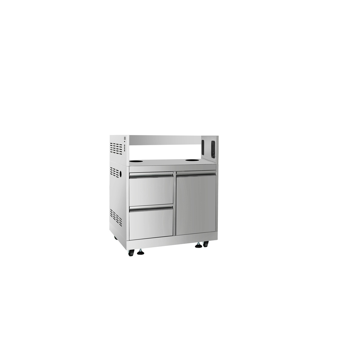 Thor Kitchen MK03SS304 grill cabinet angled view showing open grill bay, ventilation slots, and caster wheels