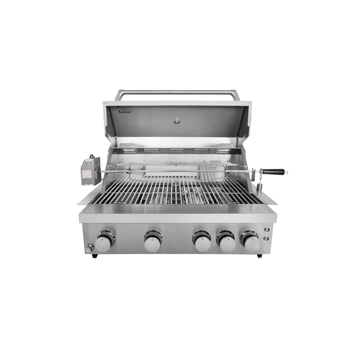 Thor Kitchen MK04SS304 grill with lid open showing grates and rotisserie kit