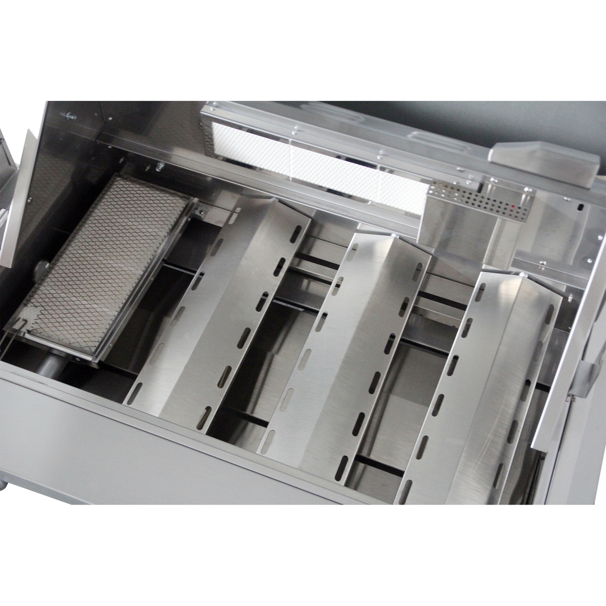 Close-up of Thor Kitchen MK04SS304 burner and heat shield layout inside grill
