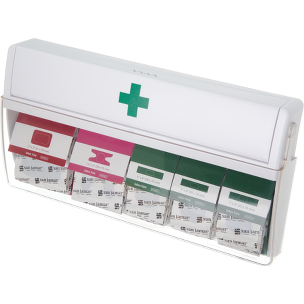 Mani-Kare bandage dispenser with multiple bandage cartridges loaded, white ABS wall-mount unit with green cross symbol