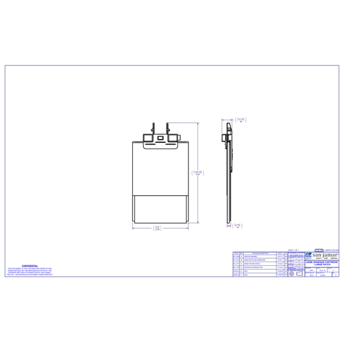 San Jamar MKBR903 bandage cartridge technical specification drawing showing dimensions