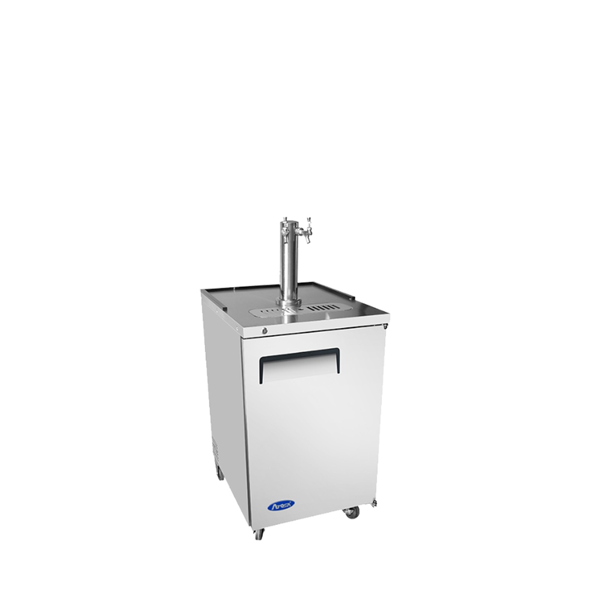 Atosa MKC23GR keg cooler three-quarter angle view showing dual-tap tower and stainless drip tray