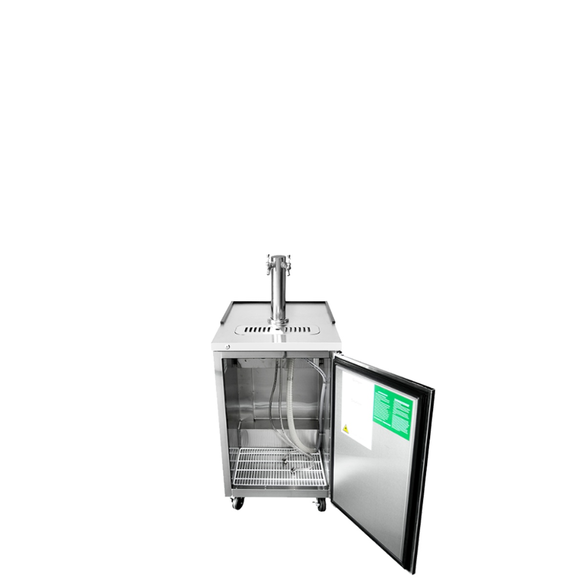 Atosa MKC23GR keg cooler with door open revealing stainless steel interior and wire shelf