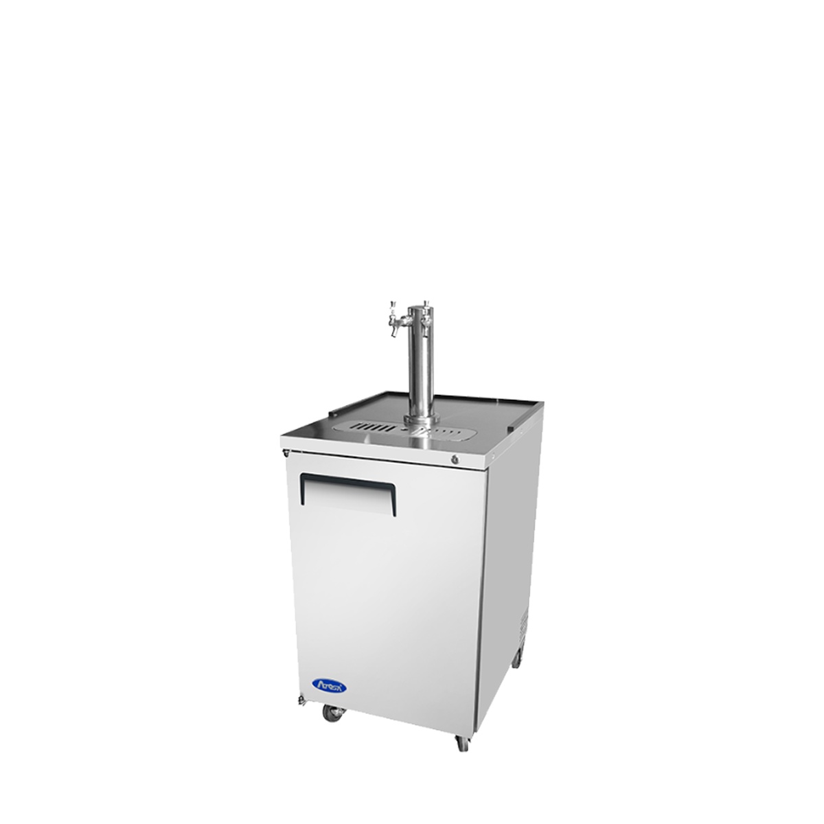 Atosa MKC23GR keg cooler angled view highlighting dual-tap tower, recessed door handle, and pre-installed casters