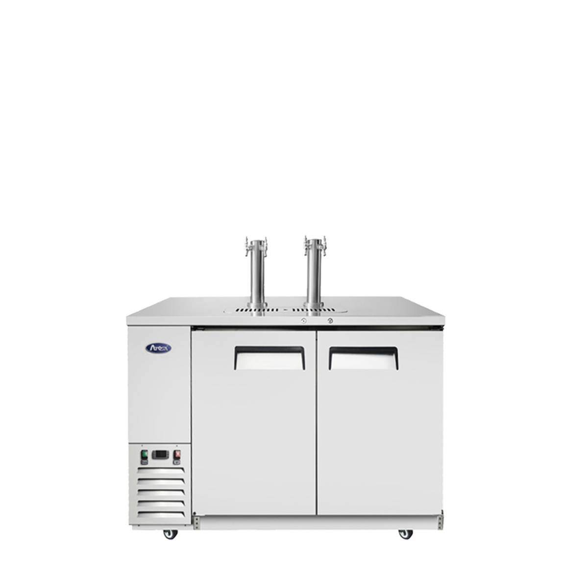 Atosa MKC58GR 58-inch direct draw keg cooler front view with dual faucet towers and stainless steel exterior