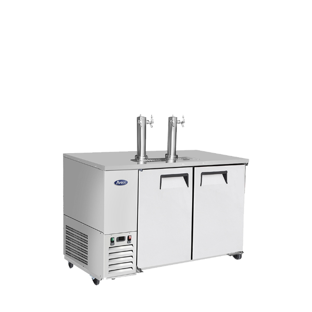 Atosa MKC58GR direct draw keg cooler three-quarter angle view showing compressor section and dual tap towers