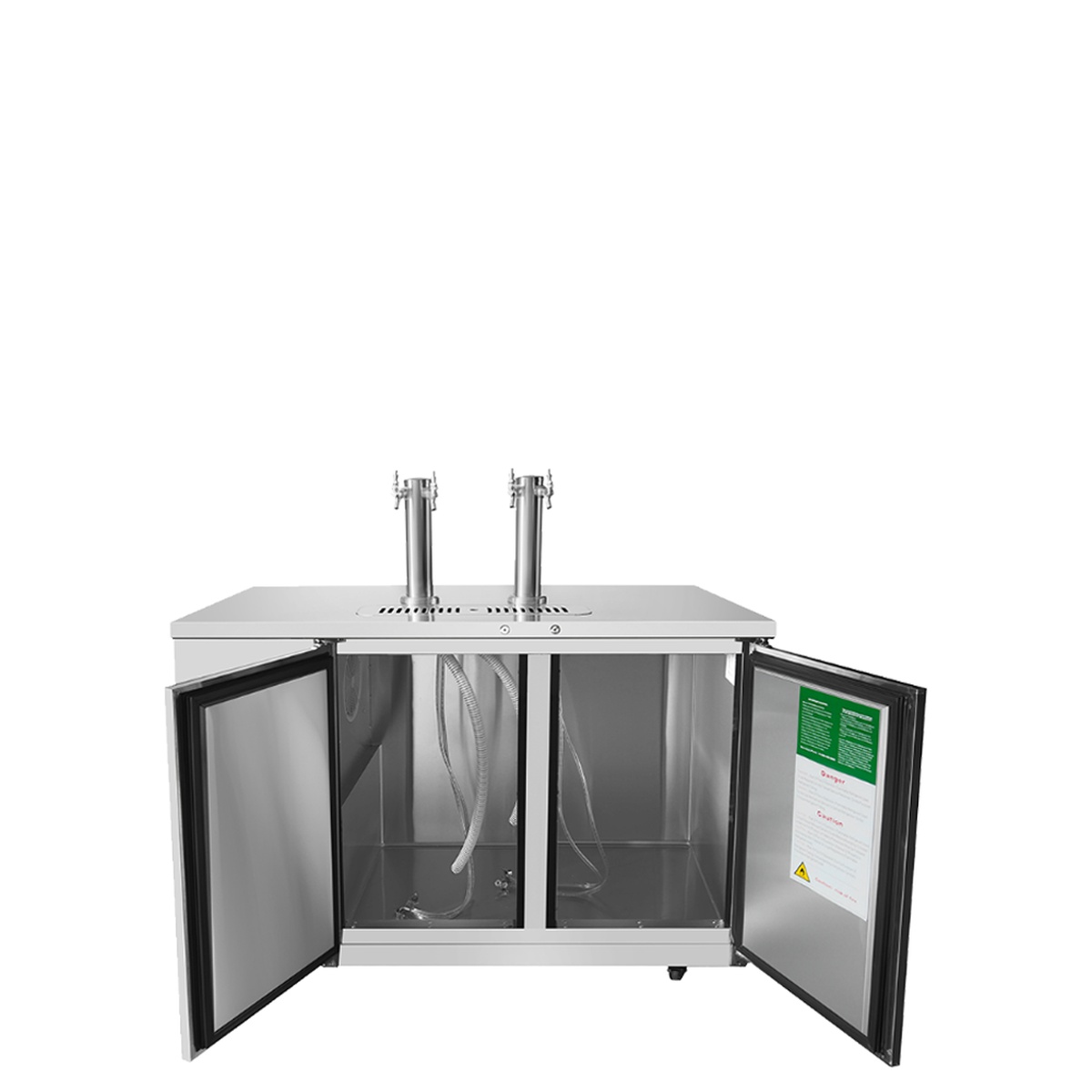 Atosa MKC58GR keg cooler with both doors open showing spacious stainless steel interior and beer line connections
